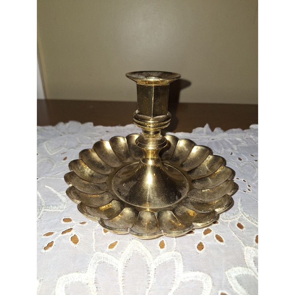 Vintage Solid Brass Scalloped Petal Regency MCM Candle Holder Made in‎ India